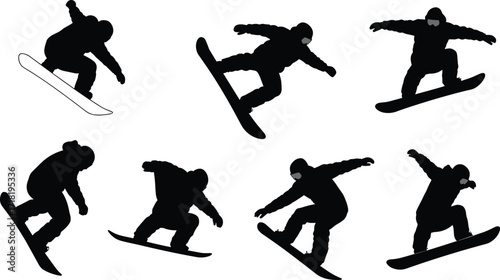 Collection of male snowboarder silhouettes performing jumps and tricks, isolated on a white background.