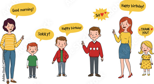 Cartoon characters expressing greetings, thank you, sorry, and birthday wishes, diverse group of kids and adults with speech bubbles, emotional communication