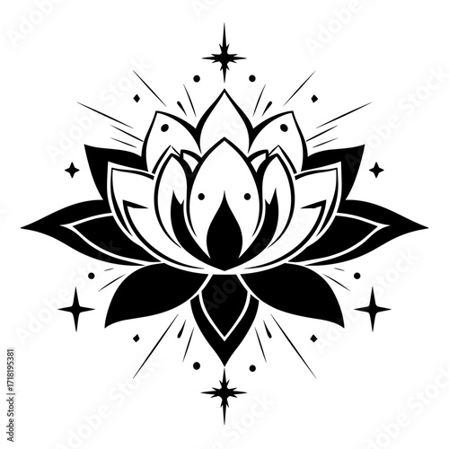 A monochrome lotus flower vector tattoo design with bold lines and minimal shading,