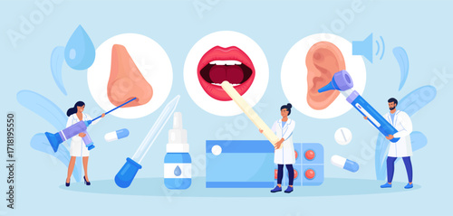 Otolaryngology concept. ENT doctor treating diseases of ear, nose, throat and neck. Otolaryngologist with medical instrument examines patient. Otoscopy procedure. Nasopharynx, sinuses, ear specula