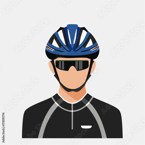 Illustration of a person wearing a blue cycling helmet and black cycling jersey with sunglasses.