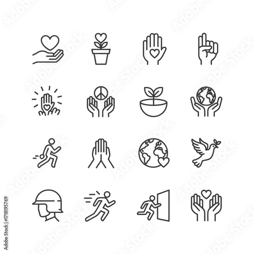 Community love compassion peace and environmental protection icon set