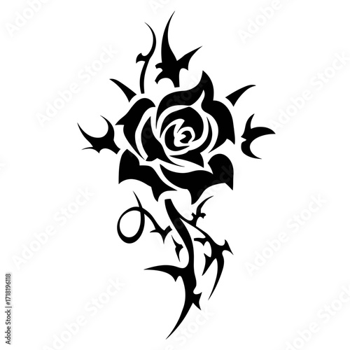 A bold black and white tribal tattoo design of a blooming rose with sharp geometric lines,