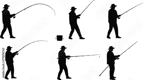 Silhouette of fisherman casting and reeling in a fishing rod, isolated on a white background.