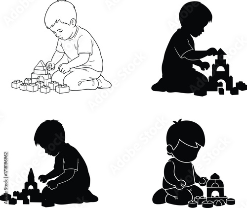 Children silhouette, building blocks, constructive play, childhood learning, creative activity, motor skills, vector illustration, black design, educational toy, playful development