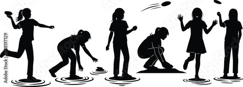 Children silhouette, outdoor play, frisbee throwing, stone stacking, water ripple, childhood activity, social interaction, vector illustration, black design, playful moments