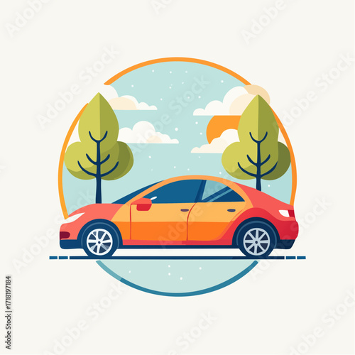 A vibrant illustration of a red and orange sedan parked between two stylized green trees under a cloudy sky.