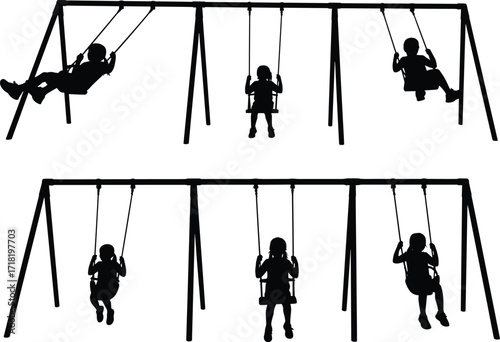 Children silhouette, swing set, playground activity, outdoor fun, childhood innocence, motion and stillness, vector illustration, black design, kids playing, recreation