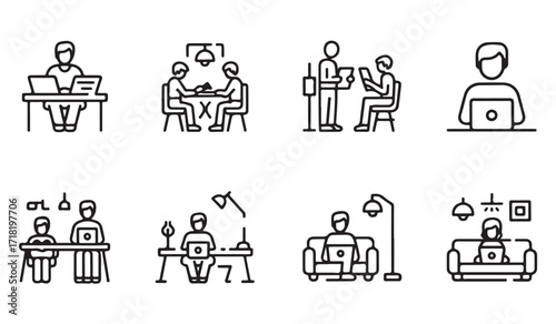 Laptop work and study lifestyle illustration pack in outline style for education themes