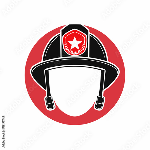 Icon of a black firefighter helmet with a red and white star shield, presented on a solid red circle.
