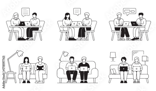 Home office and coworking vector symbols set showing modern digital work culture