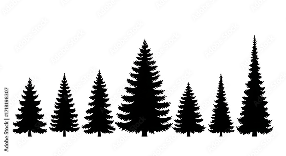 Obraz premium Silhouette of Evergreen Trees: A dramatic line of evergreen trees casts bold shadows, creating a stark yet beautiful contrast against the sky, evoking a sense of peace and the beauty of nature.