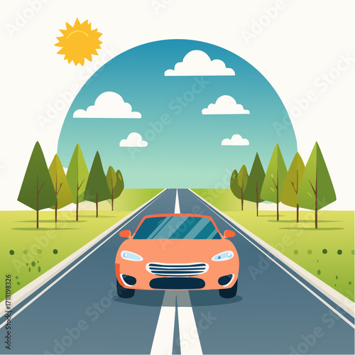 An orange car drives down a straight highway on a sunny day with trees and clouds.