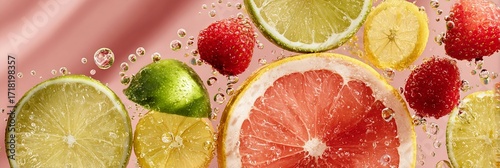 Freshly sliced citrus fruits and vibrant raspberries float in sparkling water, creating a refreshing and visually appealing composition perfect for summer beverages and healthy recipes.