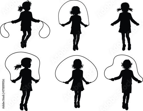 Jump rope child silhouette collection, girl skipping rope in motion, playful childhood activity, fitness exercise concept, black vector figure design