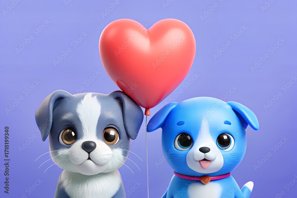 Obraz premium Two adorable puppies with a heartshaped balloon, creating a heartwarming and playful scene of friendship and love