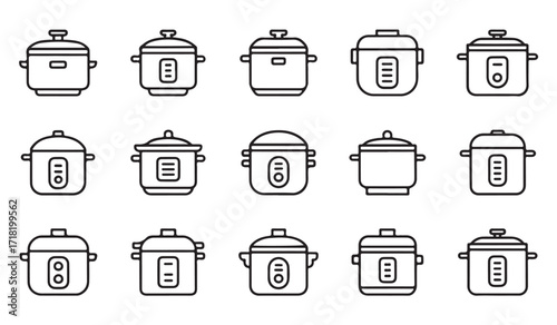 Rice cooker and food preparation appliance icons set for modern kitchen design