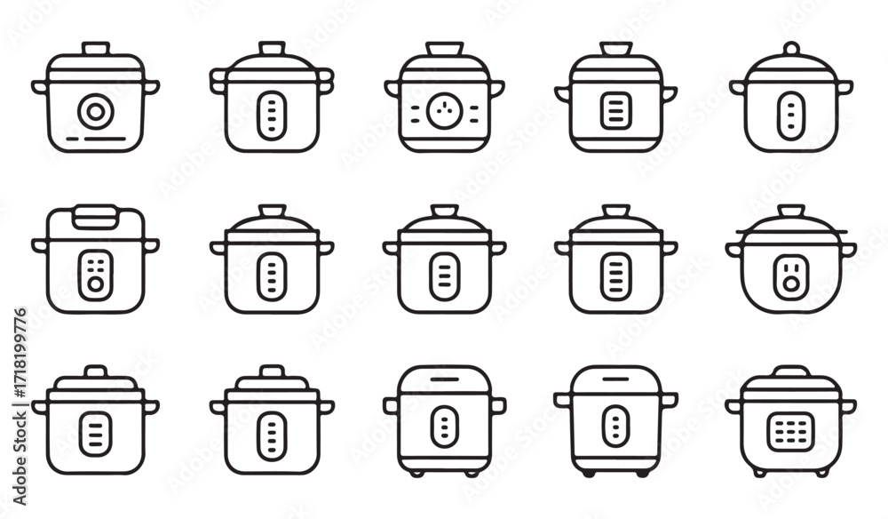 Fototapeta premium Vector collection of kitchenware line symbols including pressure and multicookers