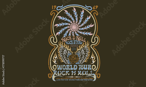 Rose flower. Rock star design. Eagle fly vector artwork for t shirt and others. Rock and roll graphic print design for apparel, stickers, posters and background.