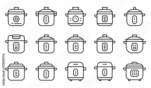Vector collection of kitchenware line symbols including pressure and multicookers