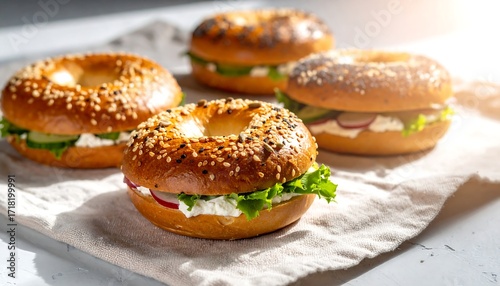 Four bagels with cream cheese and vegetables