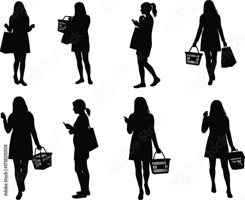 Shopping people silhouette collection, consumer lifestyle with bags and baskets, retail customer walking and using phone, black vector figure design