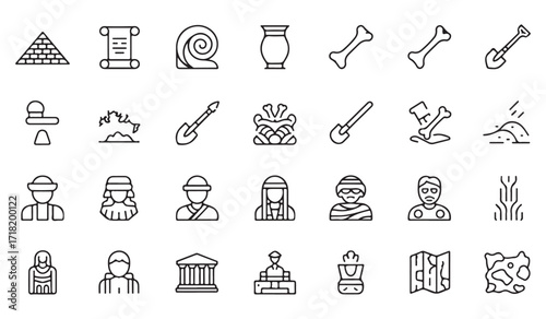 Outline archaeology illustration pack showing relics, temples, and excavation items