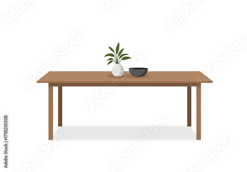 Simple Wooden Table with Plant and Bowl.