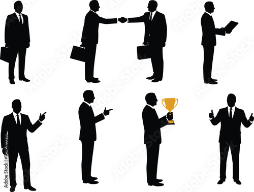 Business silhouettes in suits, handshake, presentation, pointing, trophy celebration, teamwork, leadership, corporate gesture, office interaction, professional success, business communication