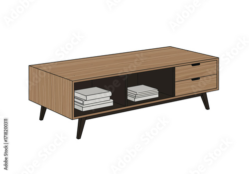Mid Century Modern Coffee Table with Drawers and Shelf.