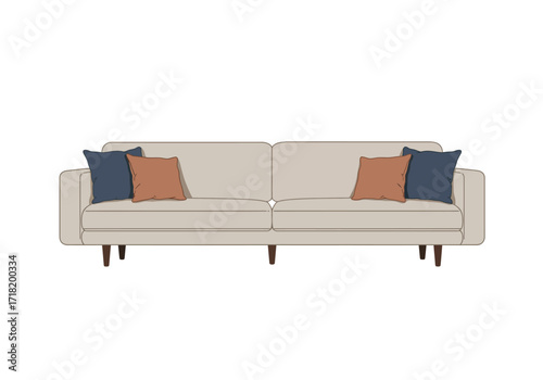 Beige Sofa with Blue and Orange Pillows.