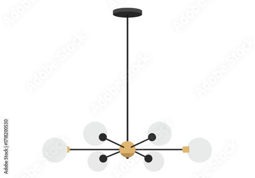 Modern Six-Light Glass Chandelier with Black and Gold Finish.