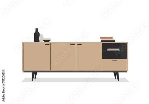 Mid Century Modern Sideboard with Three Doors and Drawer.
