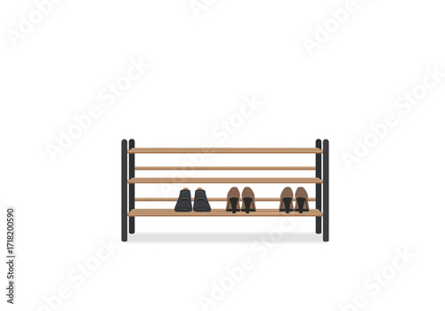 Modern Three Tier Wooden Shoe Rack with Black Metal Frame.