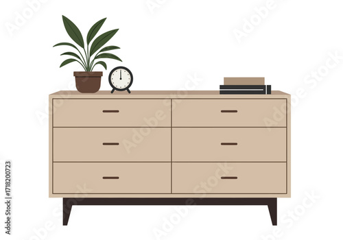 Mid Century Modern Beige Wooden Dresser with Plant and Books.