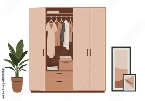 Organized Blush Pink Wardrobe with Clothing and Plant.