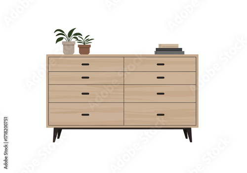 Modern Light Oak Wood Dresser with Plants and Books.