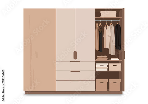 Modern Beige and Brown Wardrobe with Drawers and Hanging Space.
