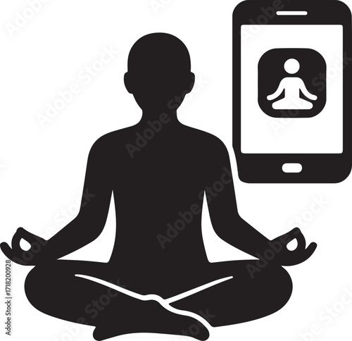 Yoga Pose Silhouette with Smartphone Meditation App Icon Representing Digital Wellness Vector