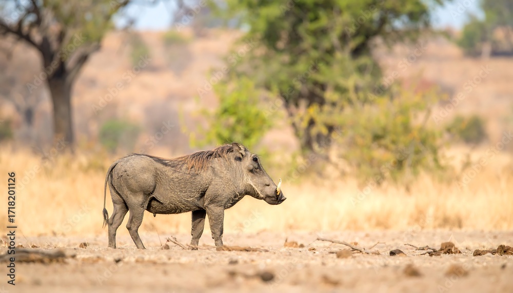 Fototapeta premium African Warthog in Savanna Landscape.