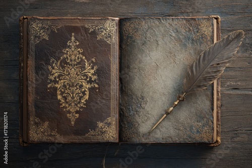 Ornate Old Book Open with Feather Quill on Dark Wood