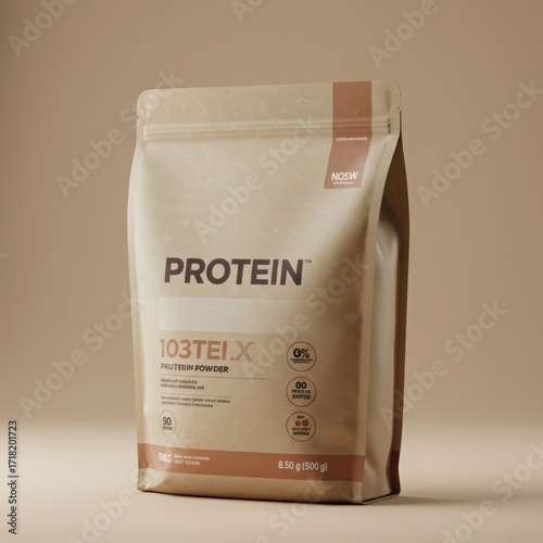 Minimalist beige pouch of protein powder with clear label and subtle branding against a soft neutral background
