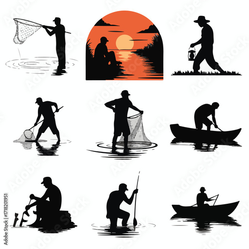 Silhouette collection of people fishing and enjoying sunset by water vector