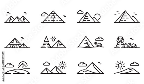 Travel and tourism Egypt icons set showing pyramids, camels, and ancient sites