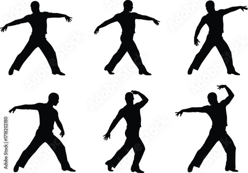 Silhouette dancer performing choreography, expressive body movement, dynamic dance poses, artistic performance, fitness exercise, rhythm motion, contemporary style, human figure illustration