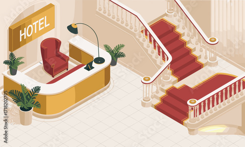 Hotel lobby interior, reception desk, red chair, flower decor, grand staircase, white railing, cartoon style, vector illustration, hospitality design, upscale scene