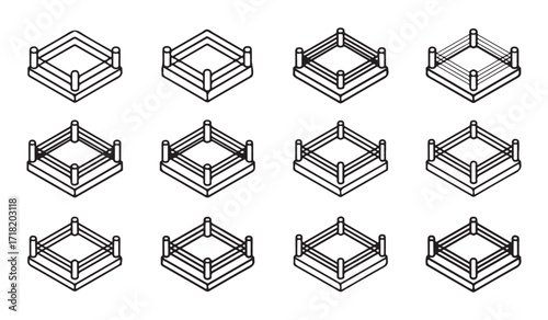 Collection of square fighting ring line vector symbols for martial arts