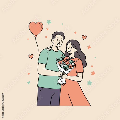 Minimalist Line Art Romantic Couple with Flowers and Balloon Illustration