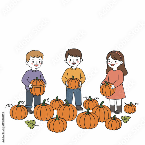 Cartoon Illustration of Children Holding Pumpkins in a Pumpkin Patch Field