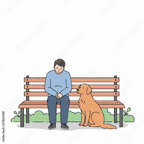 Simple Lineart Depressed Man Sitting on Bench with Loyal Dog Scene